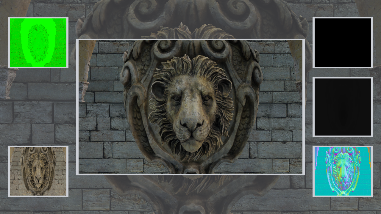 Sponza debug overview with material and normal views